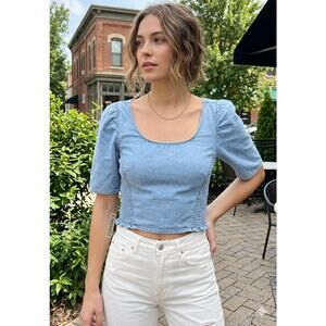 Signature 8 Smocked Puff Sleeve Denim Crop Top Y2K Festival Coquette Summer M